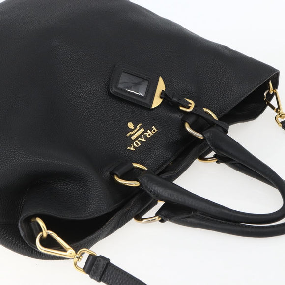 PRADA Hand Bag Leather 2way Black Gold Auth mr1569