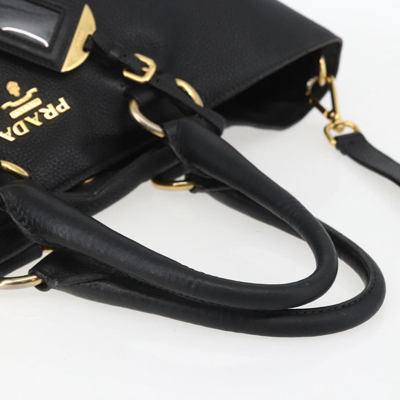 PRADA Hand Bag Leather 2way Black Gold Auth mr1569