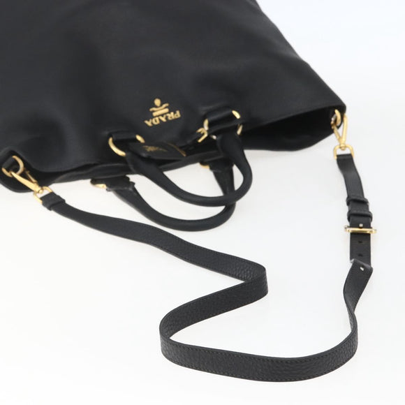 PRADA Hand Bag Leather 2way Black Gold Auth mr1569