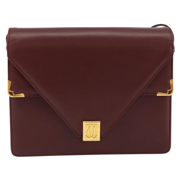 CARTIER Must Line Shoulder Bag Leather Bordeaux Gold Auth mr1585