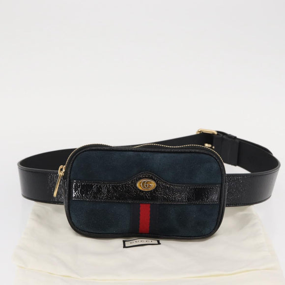 GUCCI Sherry Line Waist Bag Suede Enamel Navy gold 519308 Auth mr1606