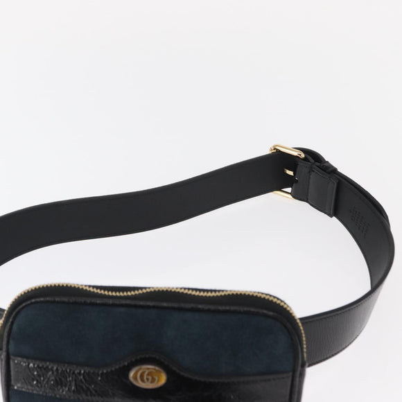 GUCCI Sherry Line Waist Bag Suede Enamel Navy gold 519308 Auth mr1606