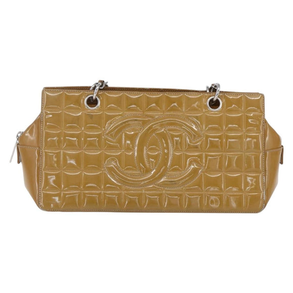 CHANEL Chain Shoulder Bag Patent leather Yellow Silver CC Auth mr1607