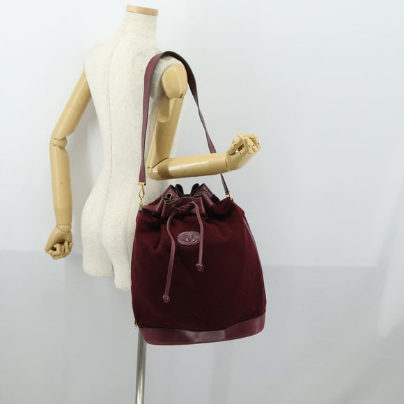 CHANEL Shoulder Bag Cotton Leather Bordeaux Gold CC Auth mr1629