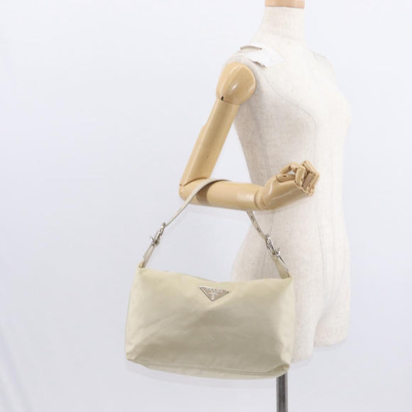 PRADA Shoulder Bag Nylon Beige Silver Auth mr1636