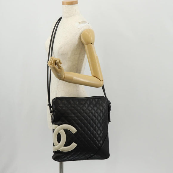 CHANEL Cambon Line Shoulder Bag Leather Black Silver CC Auth mr1637A