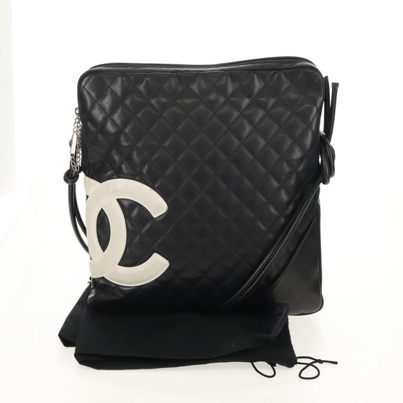 CHANEL Cambon Line Shoulder Bag Leather Black Silver CC Auth mr1637A