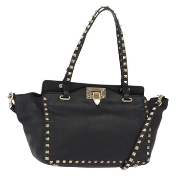 VALENTINO Studs Tote Bag Leather 2way Black Gold Silver Auth mr1645