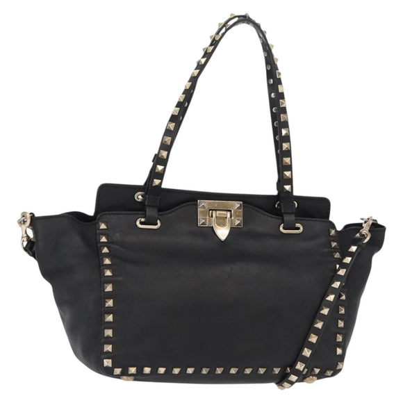 VALENTINO Studs Tote Bag Leather 2way Black Gold Silver Auth mr1645