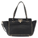 VALENTINO Studs Tote Bag Leather 2way Black Gold Silver Auth mr1645-13