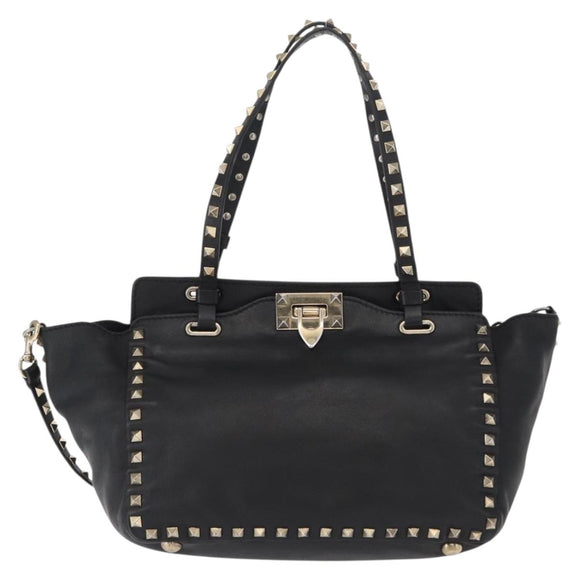 VALENTINO Studs Tote Bag Leather 2way Black Gold Silver Auth mr1645