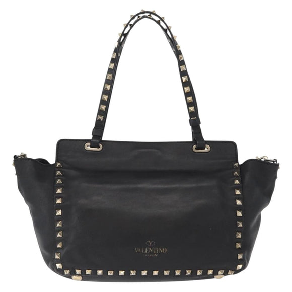 VALENTINO Studs Tote Bag Leather 2way Black Gold Silver Auth mr1645