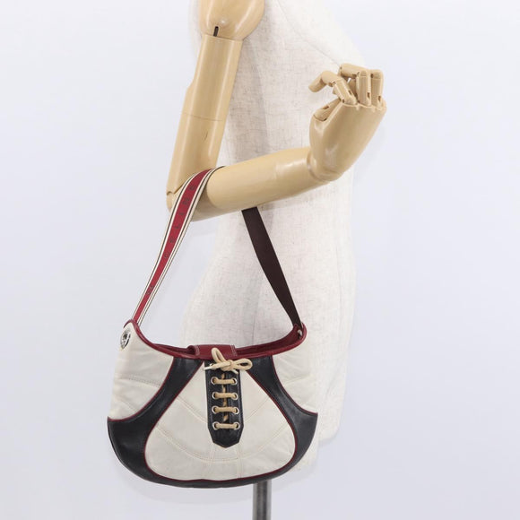 CELINE World Cup 2002 Schoudertas Leer Wit Zwart Zilver Auth mr1649