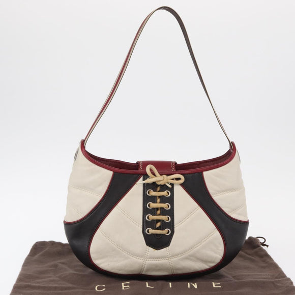 CELINE World Cup 2002 Shoulder Bag Leather White Black Silver Auth mr1649
