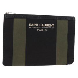 SAINT LAURENT Clutch Bag Canvas Leather Black Khaki Silver Auth mr1652