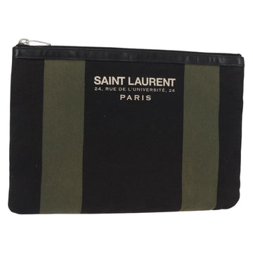 SAINT LAURENT Clutch Bag Canvas Leather Black Khaki Silver Auth mr1652