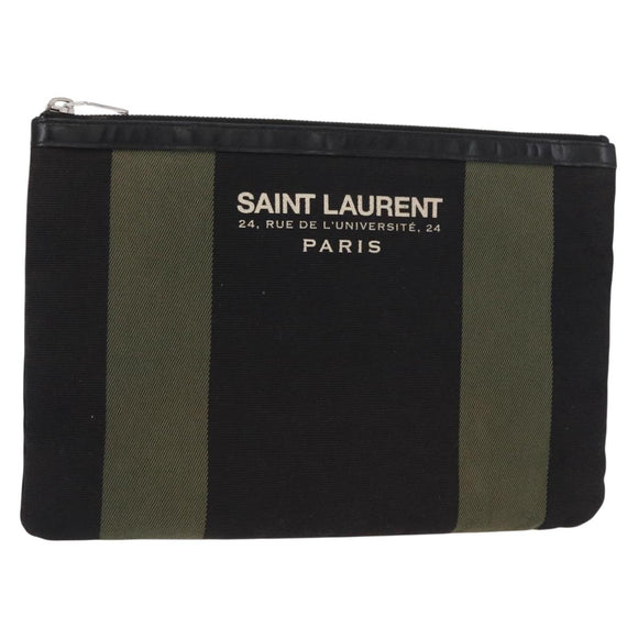 SAINT LAURENT Clutch Bag Canvas Leather Black Khaki Silver Auth mr1652