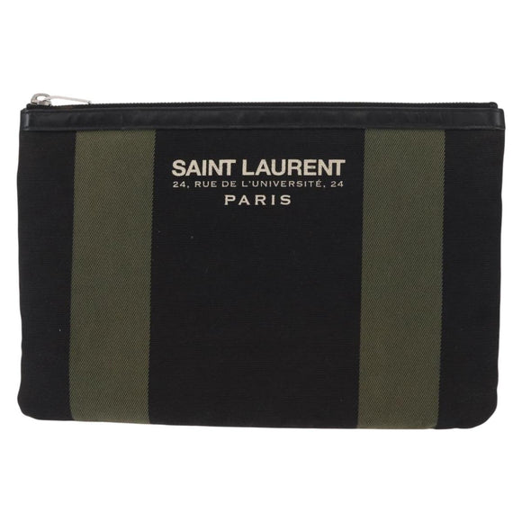 SAINT LAURENT Clutch Bag Canvas Leather Black Khaki Silver Auth mr1652