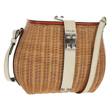 PRADA Basket Bag Wicker Leather White Beige Silver Auth mr1668SAM