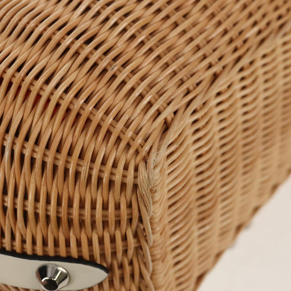 PRADA Basket Bag Wicker Leather White Beige Silver Auth mr1668SAM