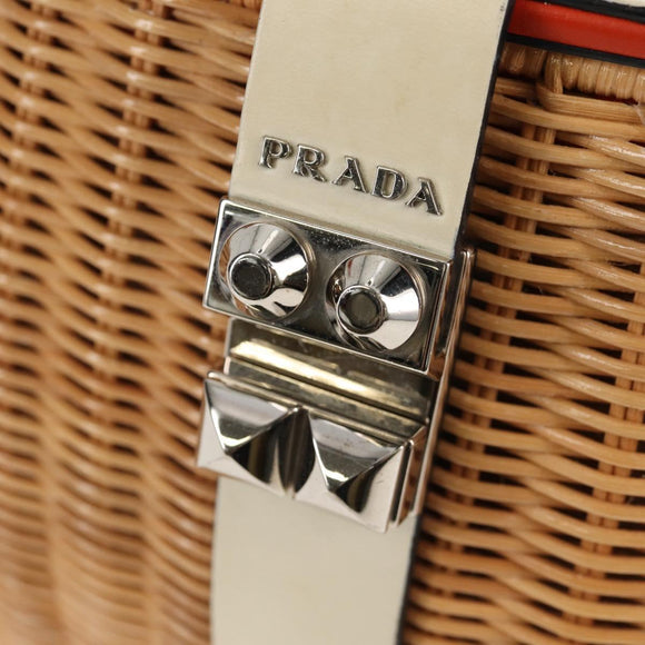PRADA Basket Bag Wicker Leather White Beige Silver Auth mr1668SAM