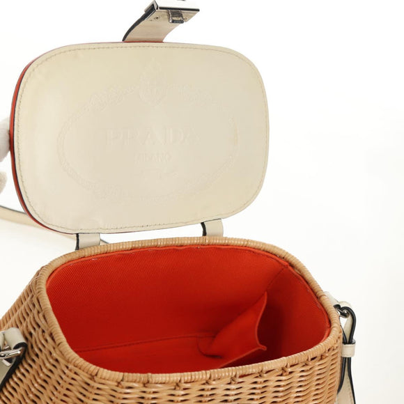 PRADA Basket Bag Wicker Leather White Beige Silver Auth mr1668SAM