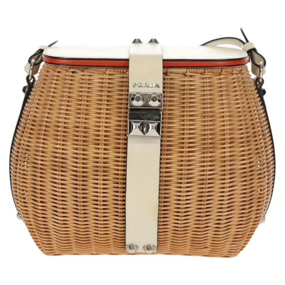 PRADA Basket Bag Wicker Leather White Beige Silver Auth mr1668SAM