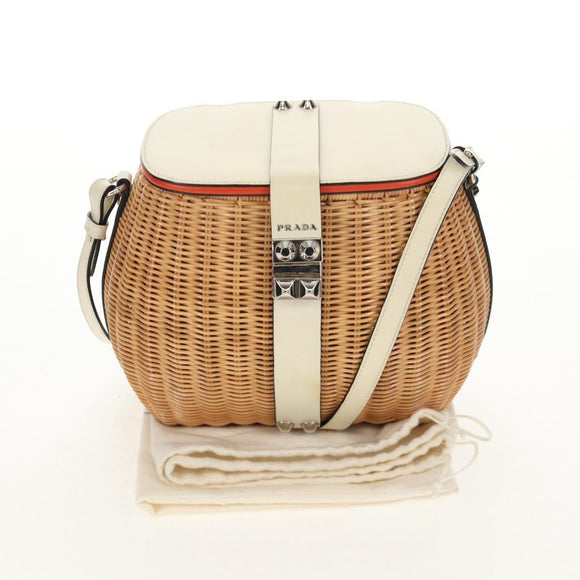 PRADA Basket Bag Wicker Leather White Beige Silver Auth mr1668SAM