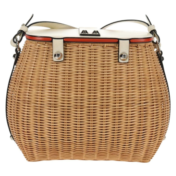 PRADA Basket Bag Wicker Leather White Beige Silver Auth mr1668SAM