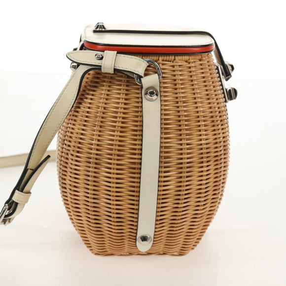 PRADA Basket Bag Wicker Leather White Beige Silver Auth mr1668SAM