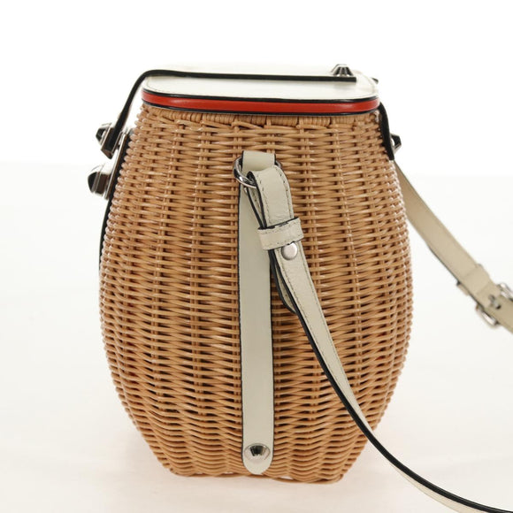 PRADA Basket Bag Wicker Leather White Beige Silver Auth mr1668SAM
