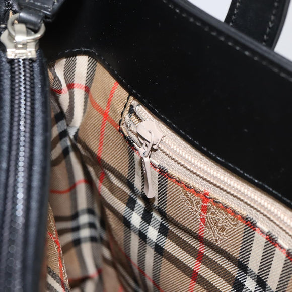 BURBERRY Nova Check Hand Bag Leather Black Silver Auth mr1680V