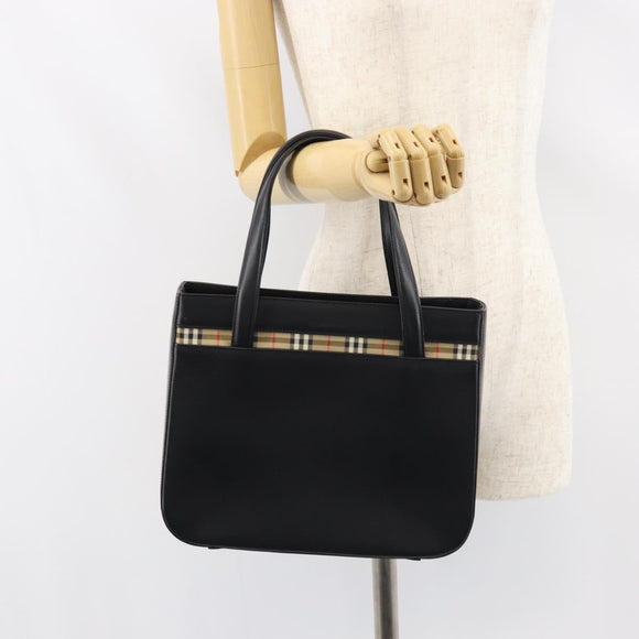 BURBERRY Nova Check Hand Bag Leather Black Silver Auth mr1680V