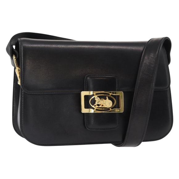 CELINE Horse Carriage Shoulder Bag Leather Black Gold Auth mr1692