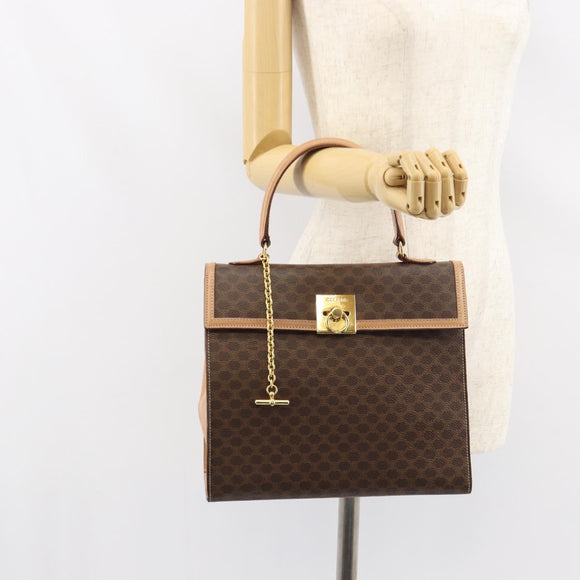 CELINE Macadam Canvas Hand Bag PVC Leather Brown Gold Auth mr1708A