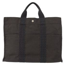 HERMES Her Line MM Hand Bag Canvas Gray Silver Auth mr1717 - 0