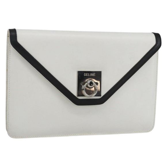 CELINE Clutch Bag Leather White Gold Auth mr1733