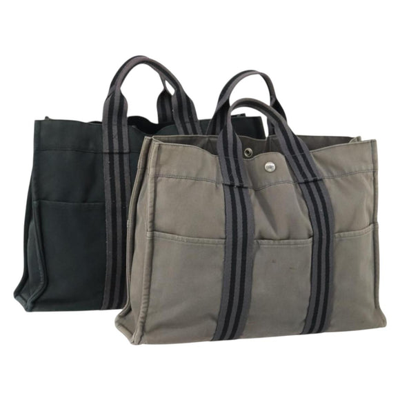 HERMES Fourre Tout MM Tote Bag Canvas 2 Set Gray Black Auth mr1736