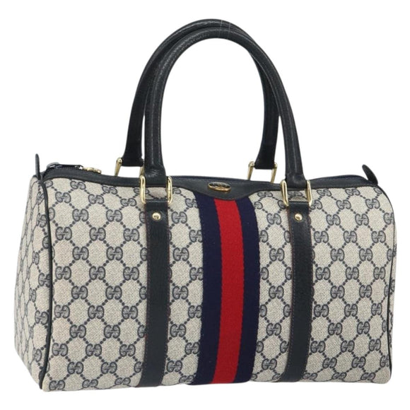 GUCCI GG Supreme Sherry Line Boston Bag PVC Navy Gold Red 010 47 302 Auth mr1742