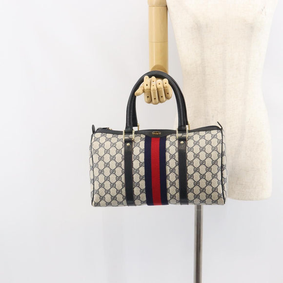 GUCCI GG Supreme Sherry Line Boston Bag PVC Navy Gold Red 010 47 302 Auth mr1742