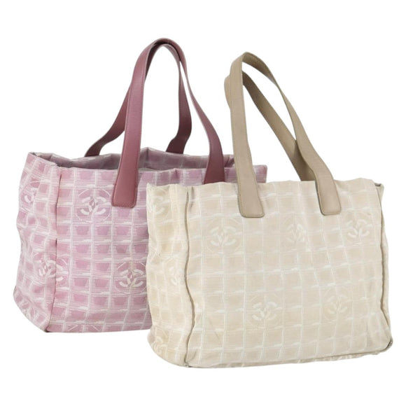 CHANEL New Travel line Tote Bag Nylon 2 Set Pink Beige CC Auth mr1839