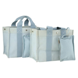 HERMES Bora Bora MM Hand Bag Canvas 2 Set Baby Blue Silver Auth mr1842