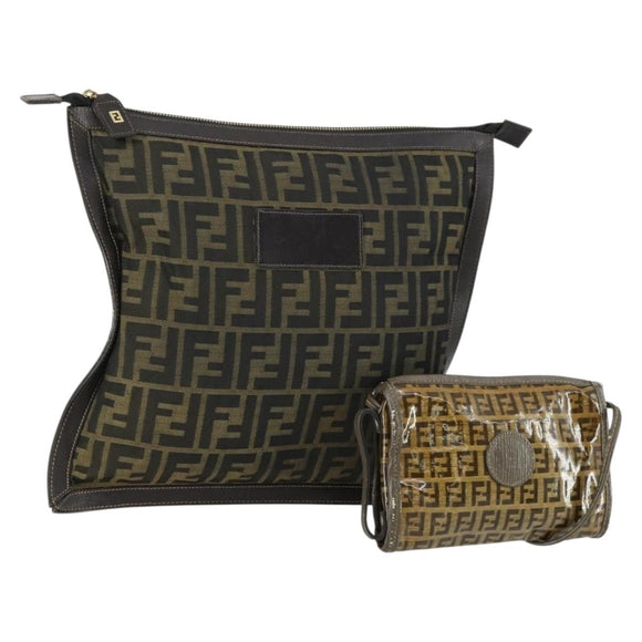 FENDI Zucca Canvas Zucchino Canvas Shoulder Bag 2 Set Black Brown Auth mr1847