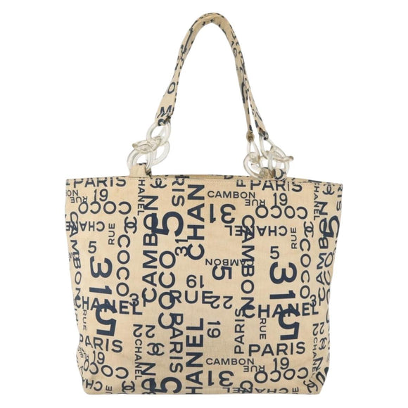 CHANEL By Sea Line Tote Bag Canvas Navy Beige CC Auth mr1854