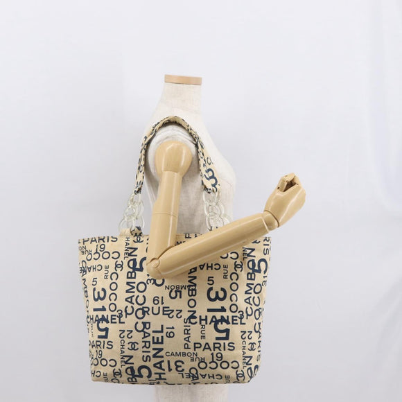 CHANEL By Sea Line Tote Bag Canvas Navy Beige CC Auth mr1854