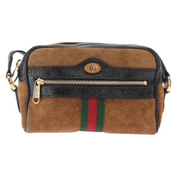 GUCCI Web Sherry Line Shoulder Bag Suede Leather Brown Gold 573321 Auth mr1859