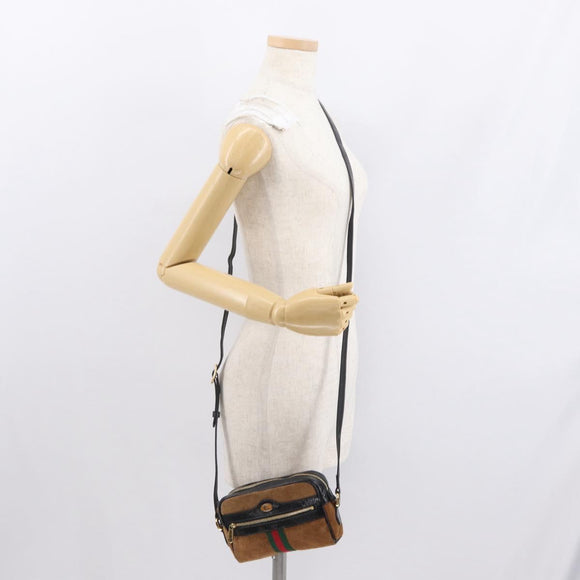 GUCCI Web Sherry Line Shoulder Bag Suede Leather Brown Gold 573321 Auth mr1859