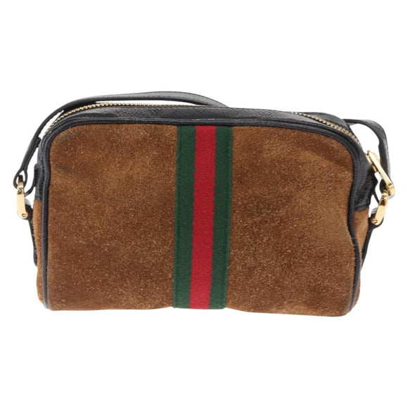 GUCCI Web Sherry Line Shoulder Bag Suede Leather Brown Gold 573321 Auth mr1859