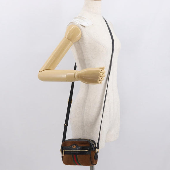 GUCCI Web Sherry Line Shoulder Bag Suede Leather Brown Gold 573321 Auth mr1860