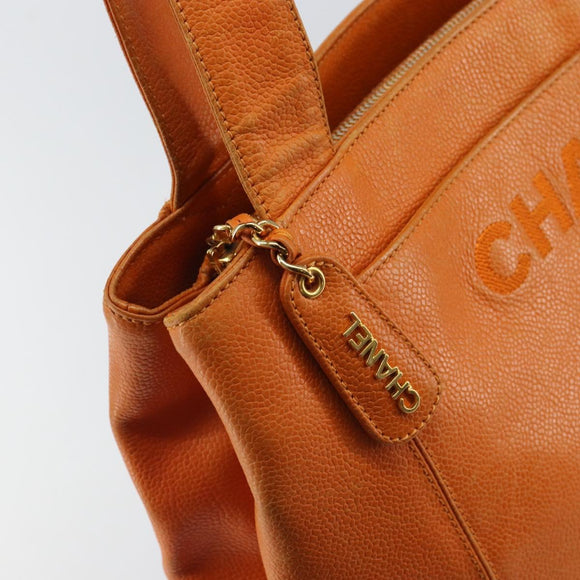 CHANEL Tote Bag Caviar Skin Orange Gold CC Auth mr1868